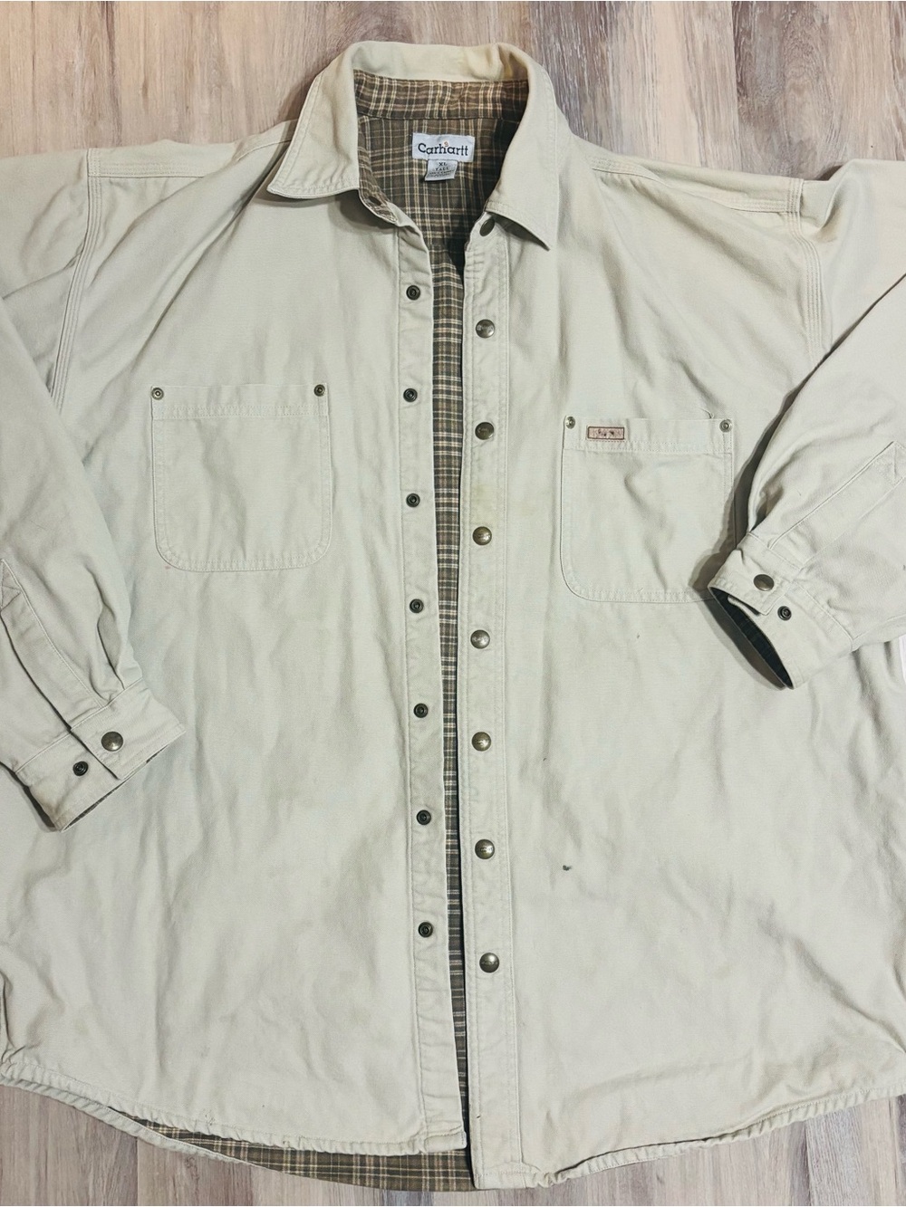 Men’s Carhartt flannel-lined canvas shirt jacket in beige size XL Tall